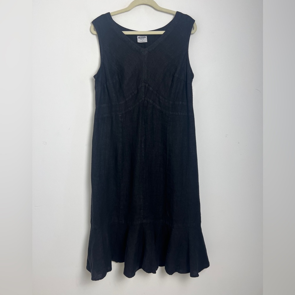 Vintage California‎ Threads Medium Black 100% Linen Sleeveless Flutter Hem Dress